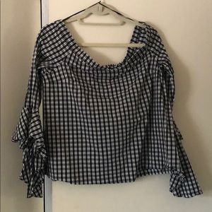 Off-shoulder gingham-style plaid top -stretchy!